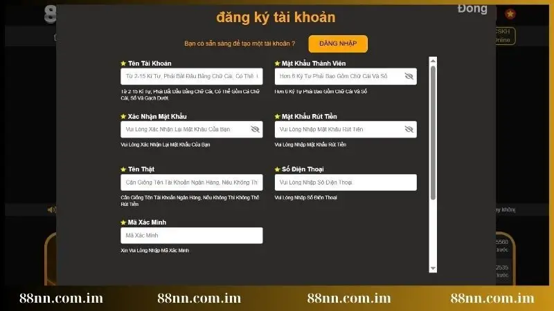 Hoàn tất thông tin đăng ký 88NN theo form